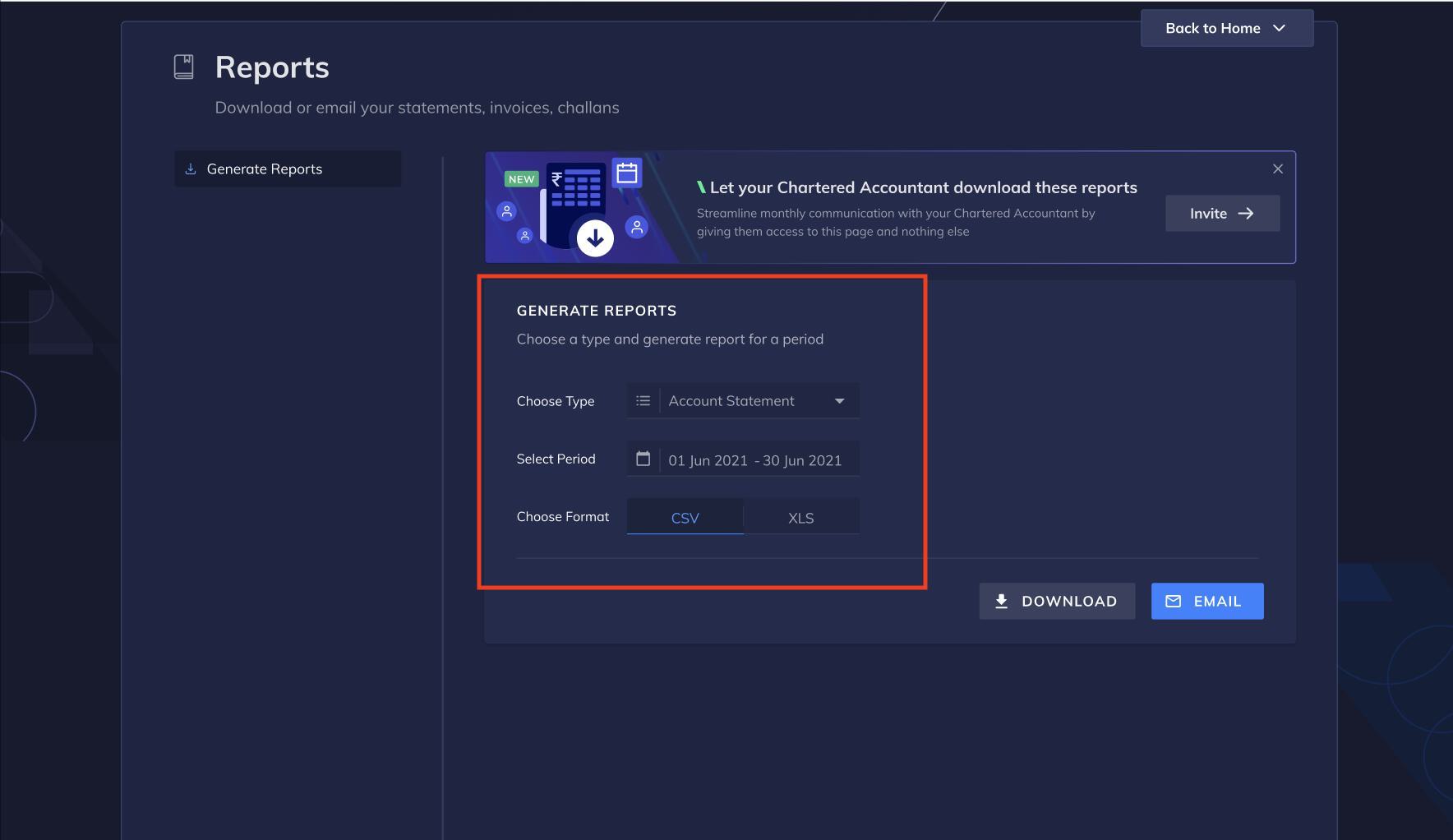 Selecting report type from the Reports Dashboard on RazorpayX.