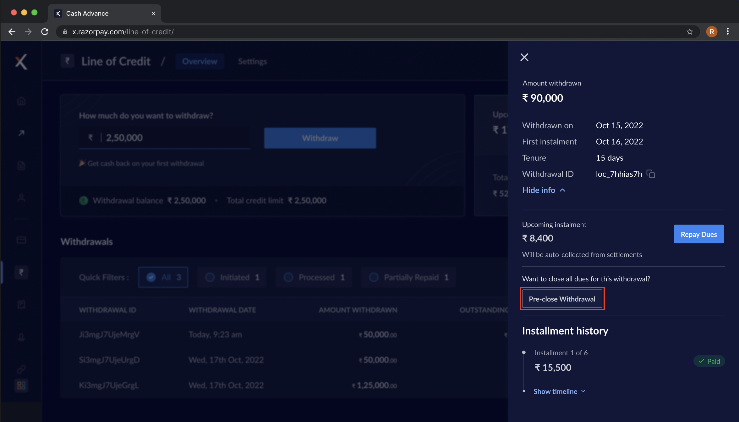 Razorpay Loan Cash Advance pre-close withdrawal option on RazorpayX Dashboard
