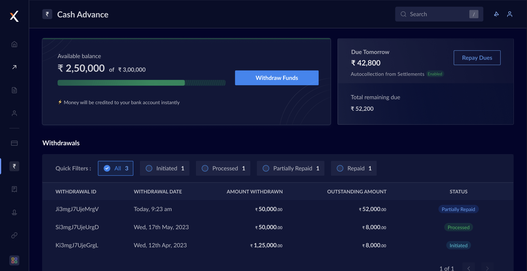 Withdraw Cash Advance Funds on RazorpayX Dashboard