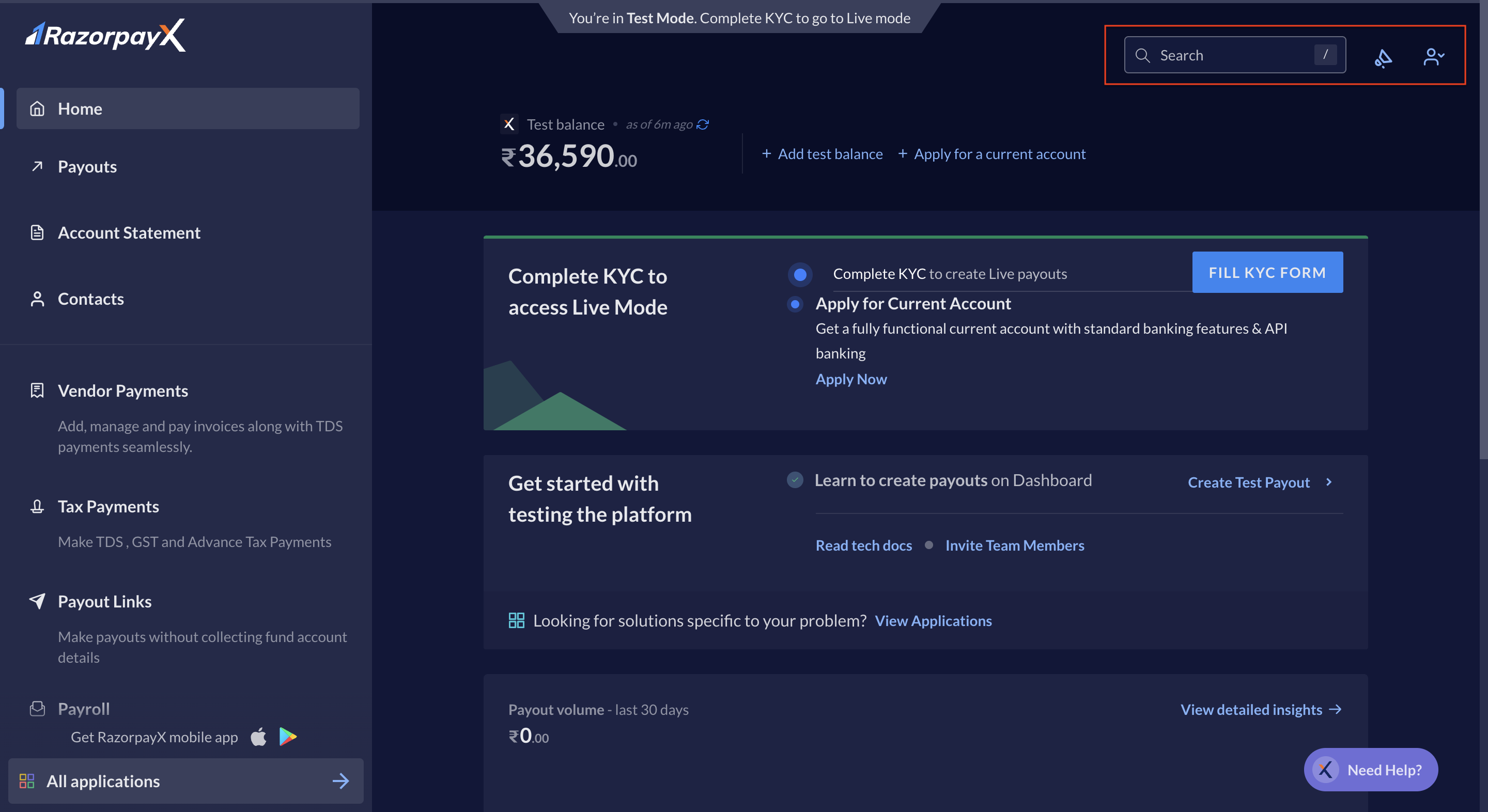 RazorpayX Dashboard Global Search and profile