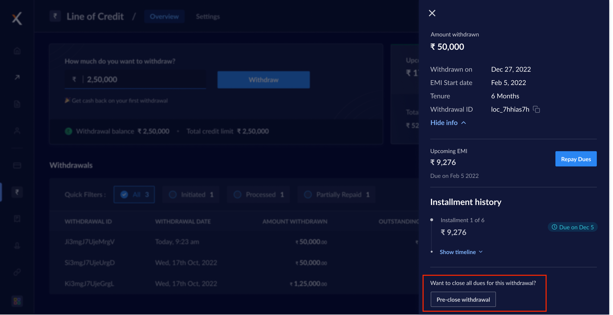 Preclose your withdrawal from the withdrawal tab