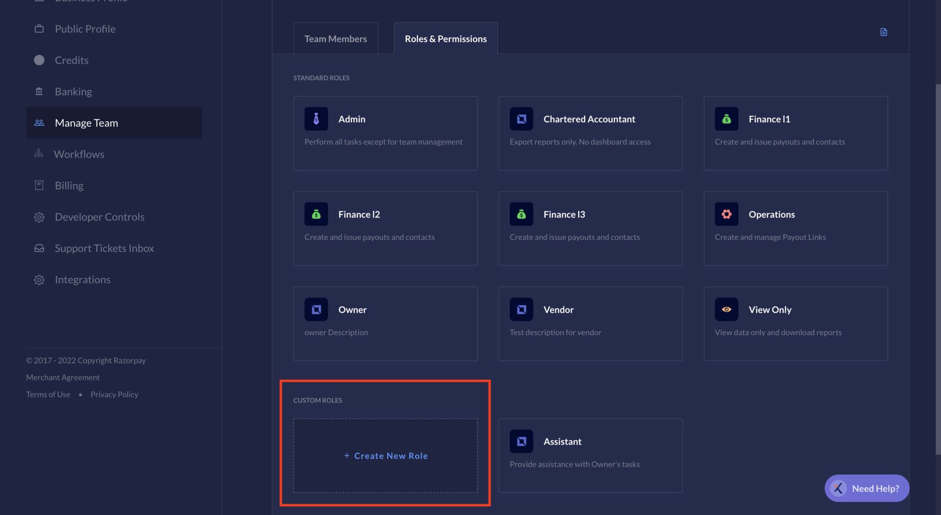 Creating a custom role in Roles & Permissions on RazorpayX Dashboard.