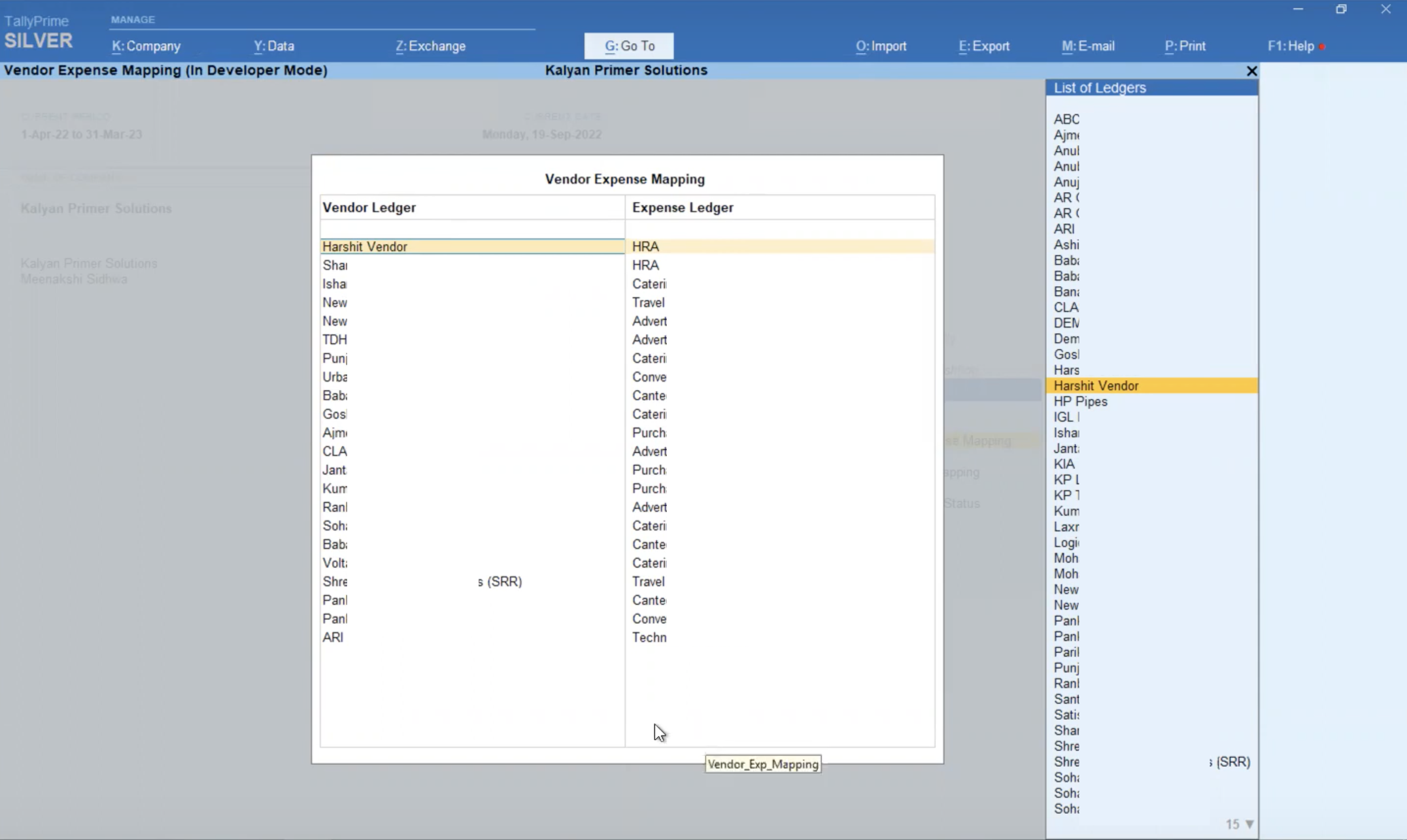 Example of a Vendor Expense Ledger