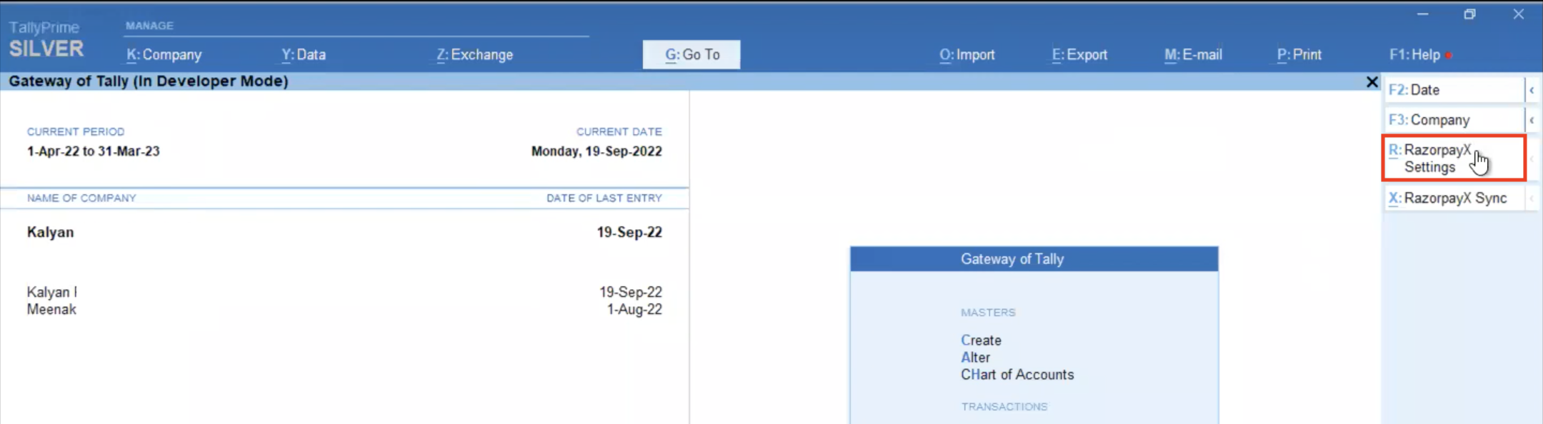 Click R:RazorpayX Settings from the right menu in the Tally application