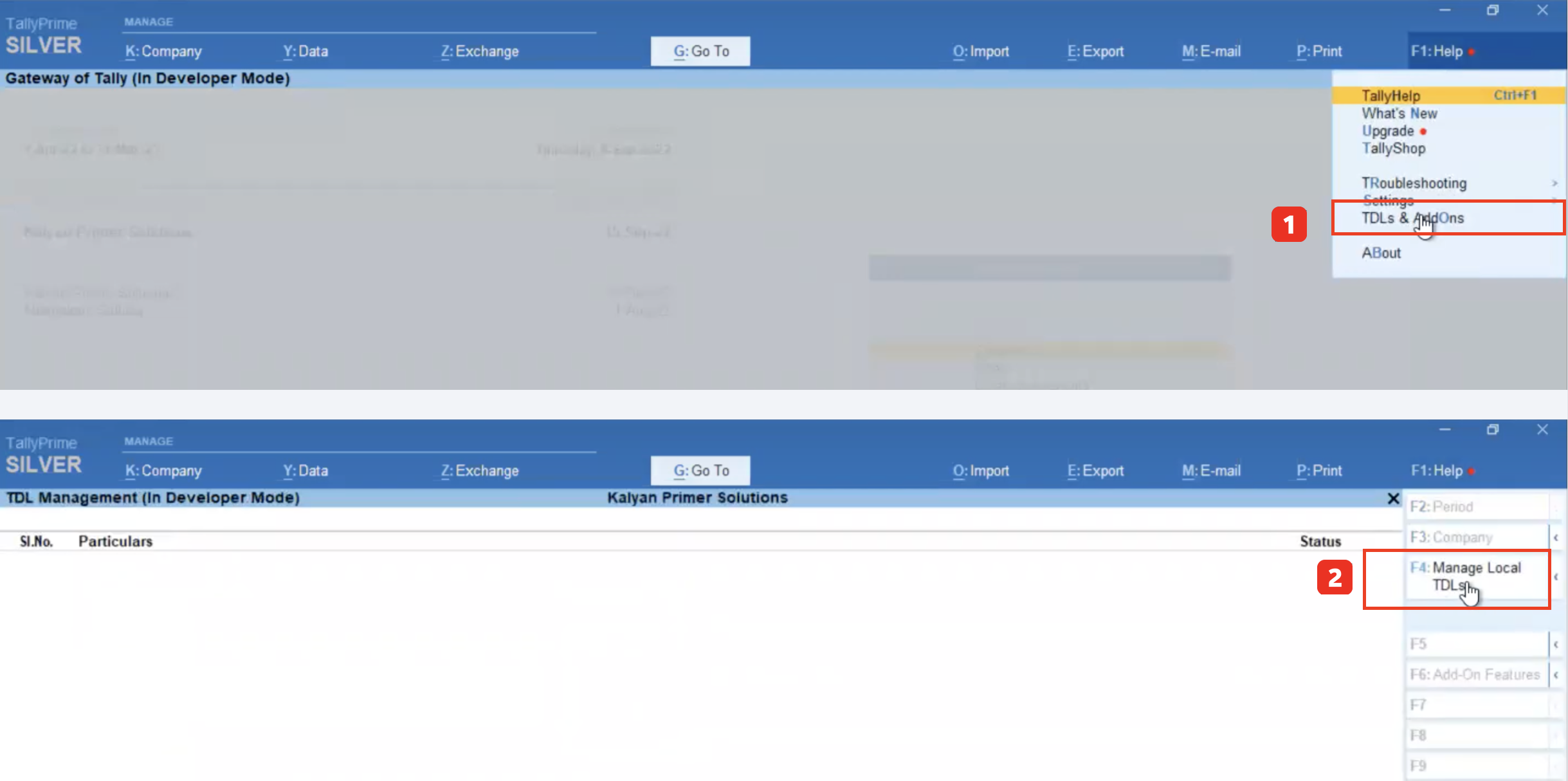 Tally Prime set up using TDLs & AddOns and Manage Local TDLs in that order