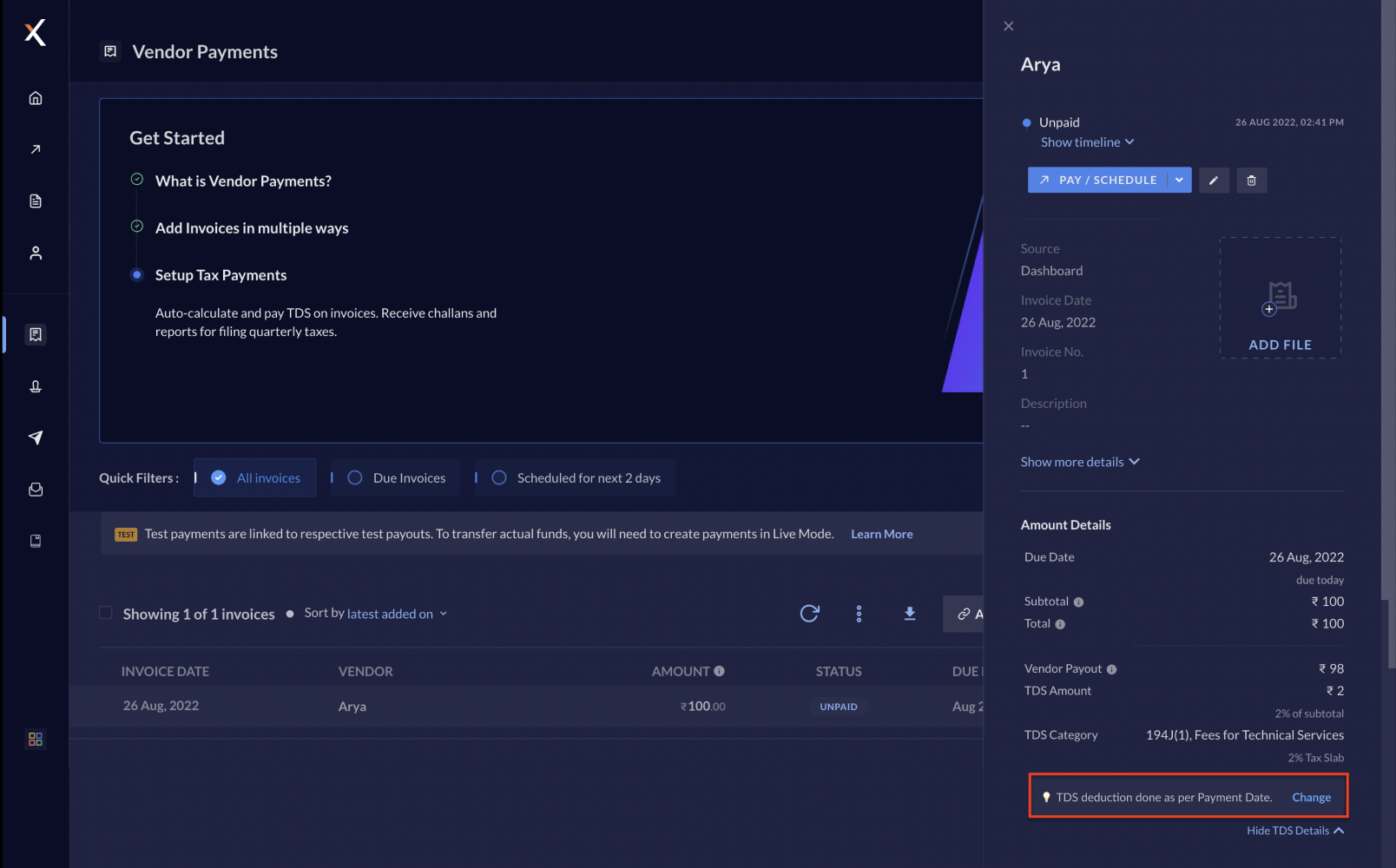 Change TDS deduction setting for a Vendor