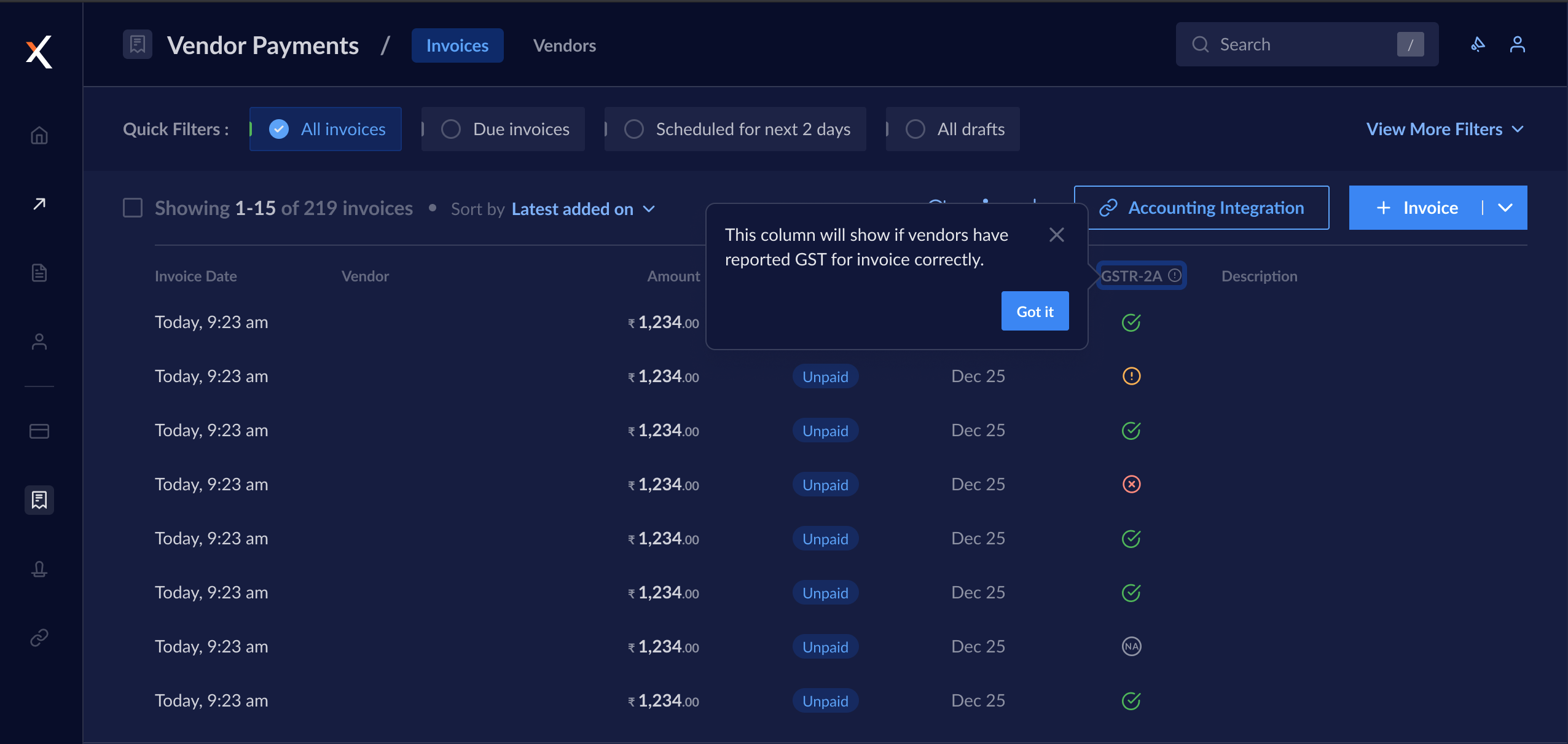 GST status on RazorpayX dashboard