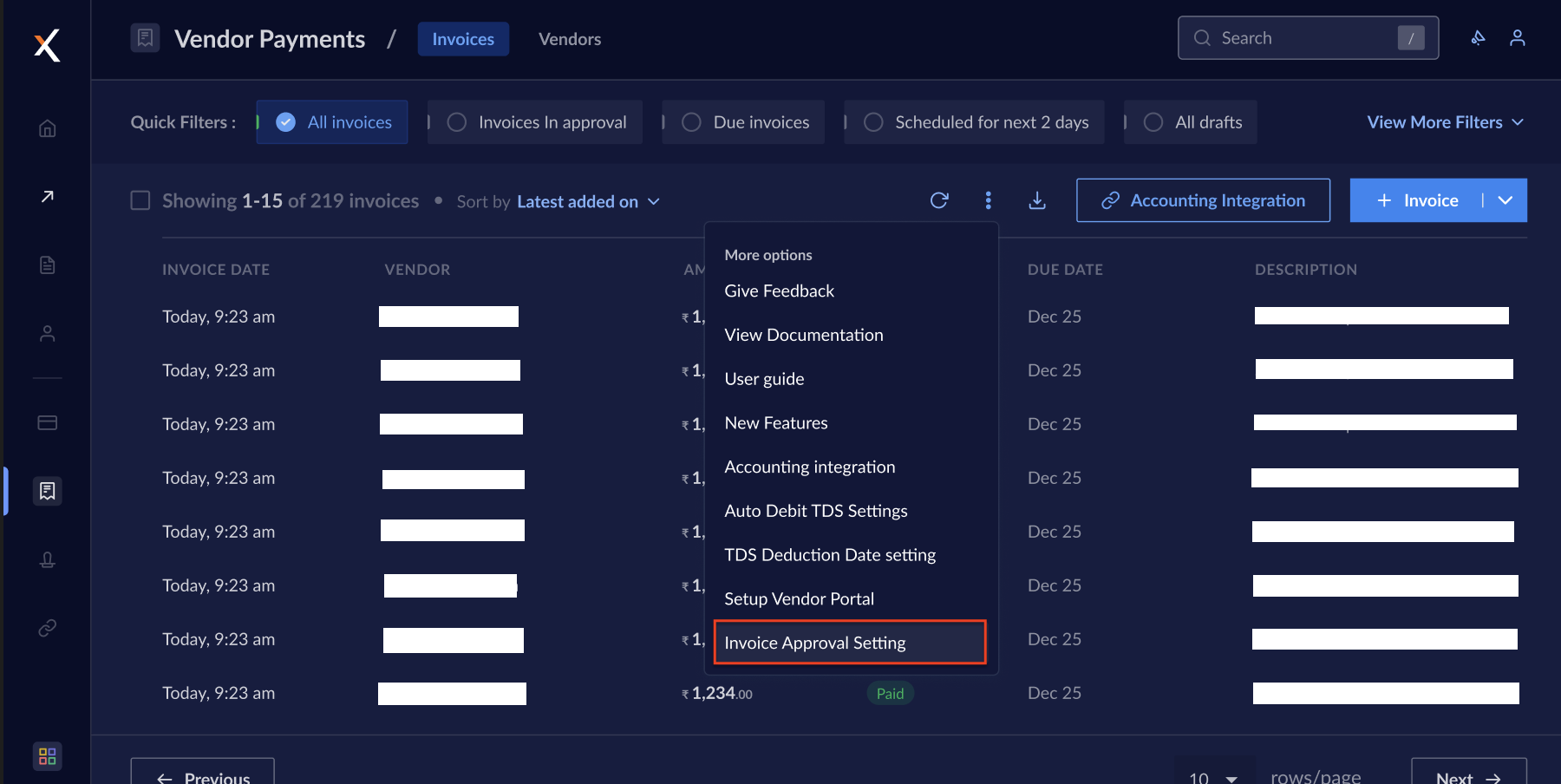 Invoice approval setting