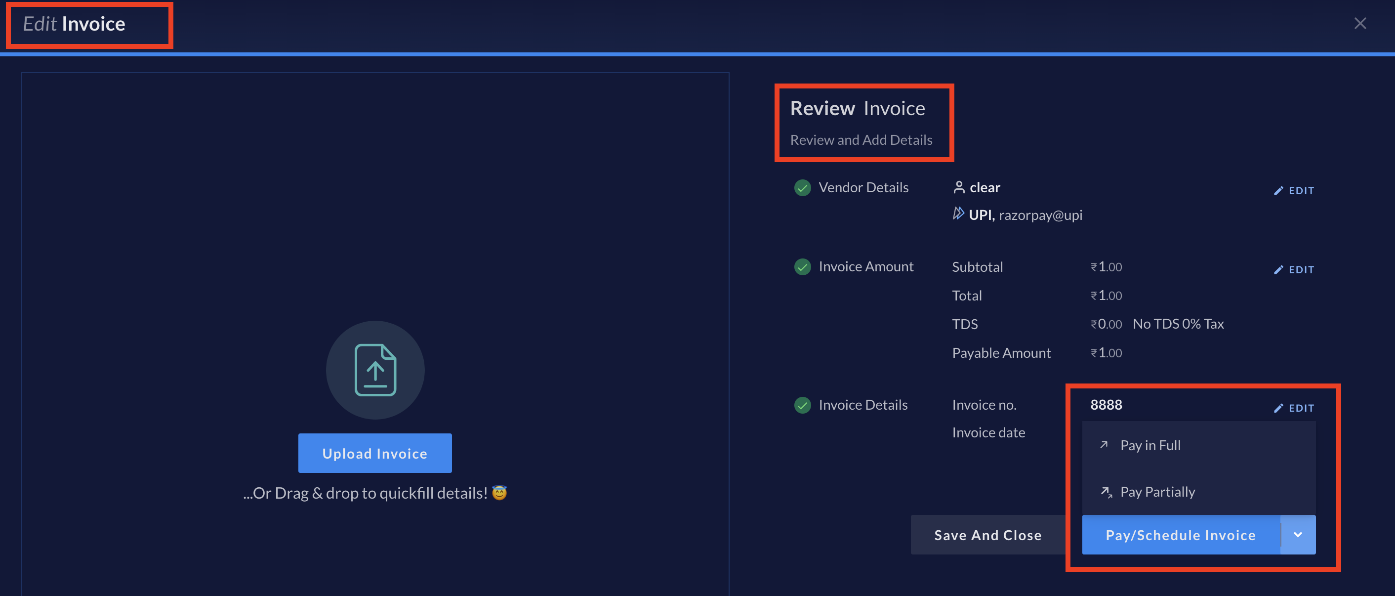 Edit Invoice screen showing all the invoice details