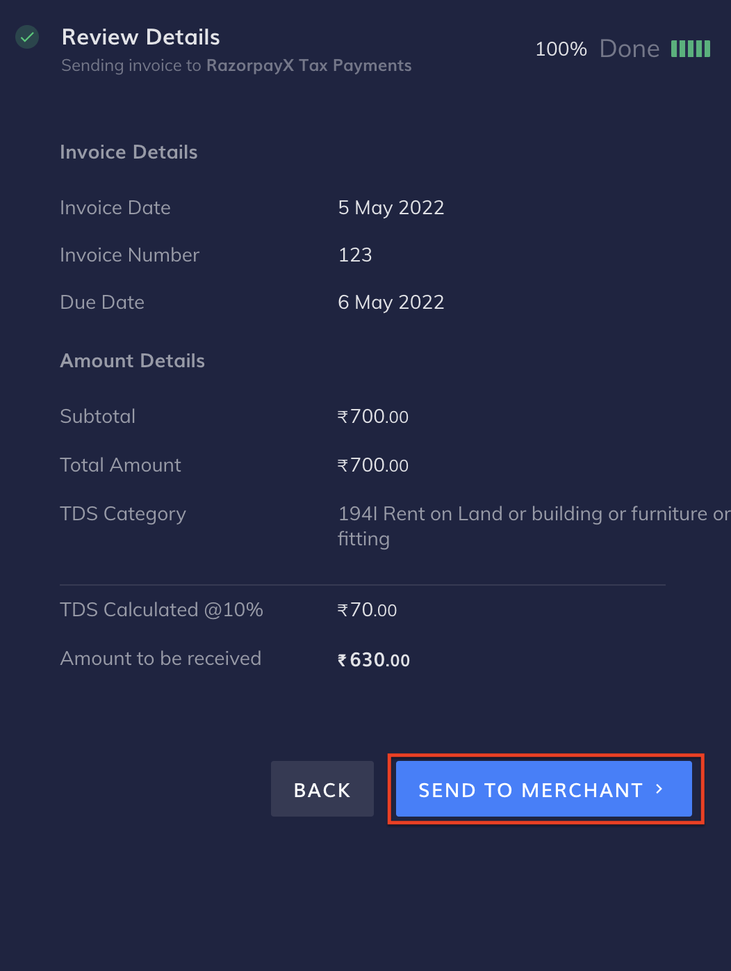 Send invoice to Merchant