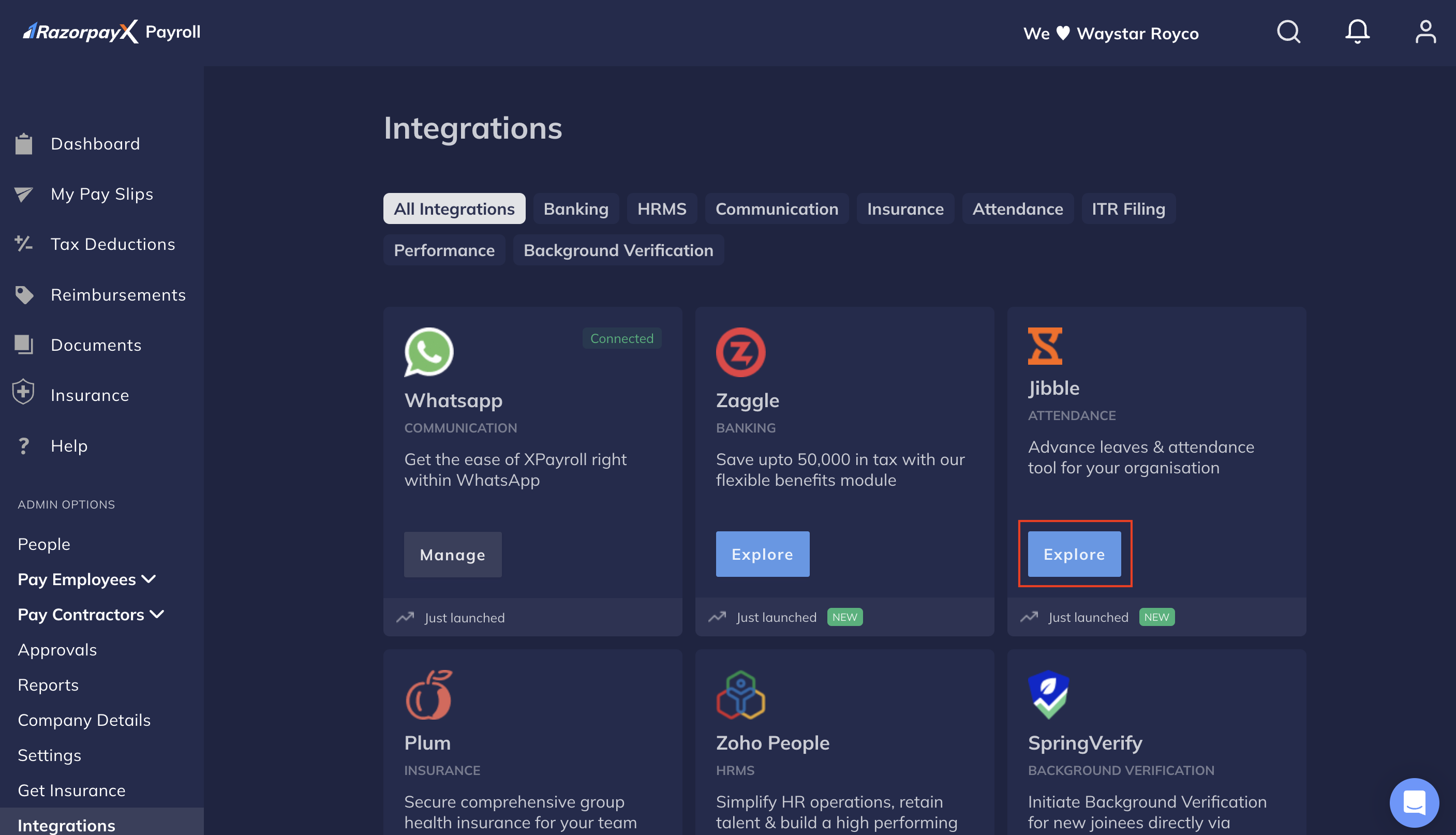 Jibble Integration option on the Payroll Dashboard