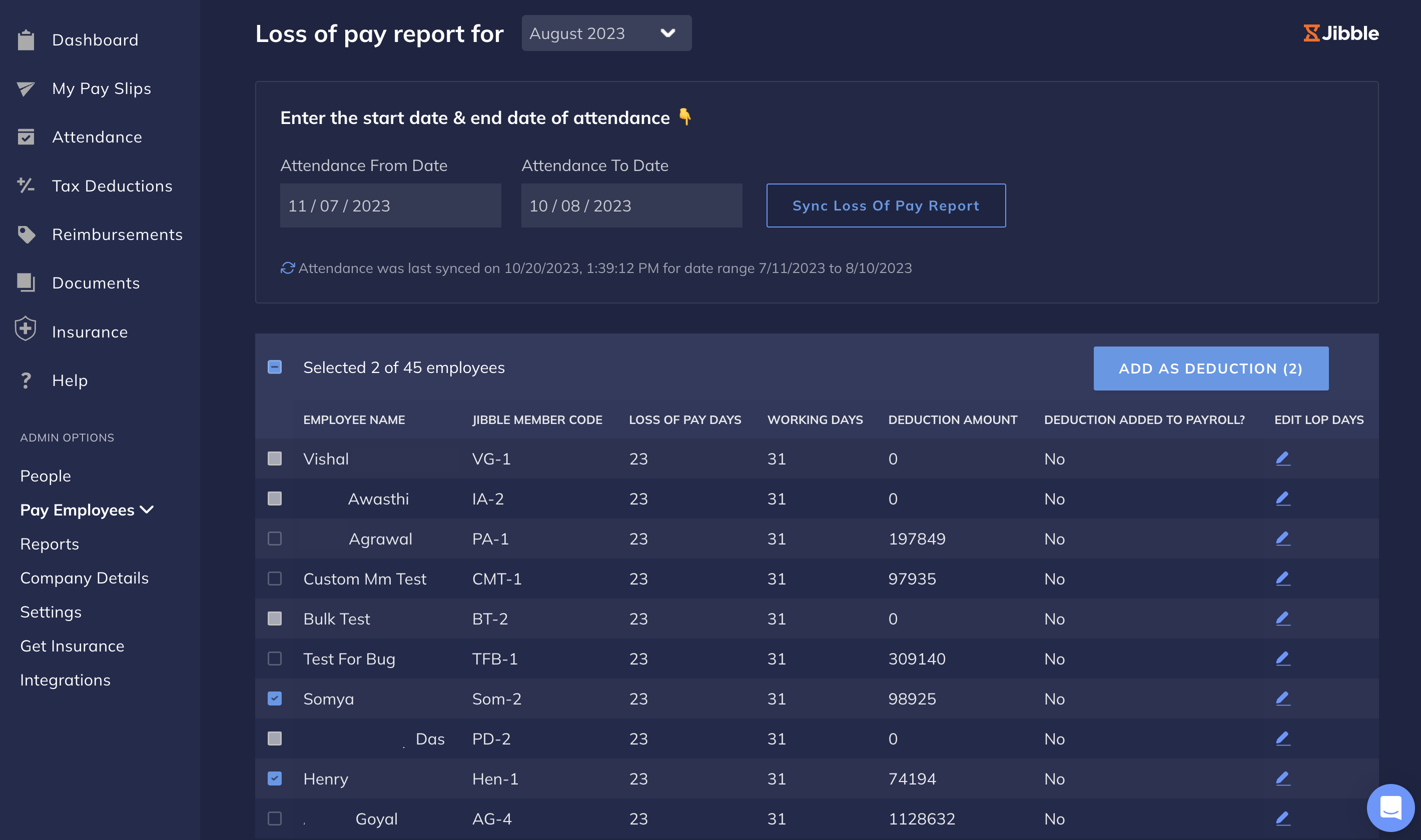 xpayroll-Jibble loss of pay employee view