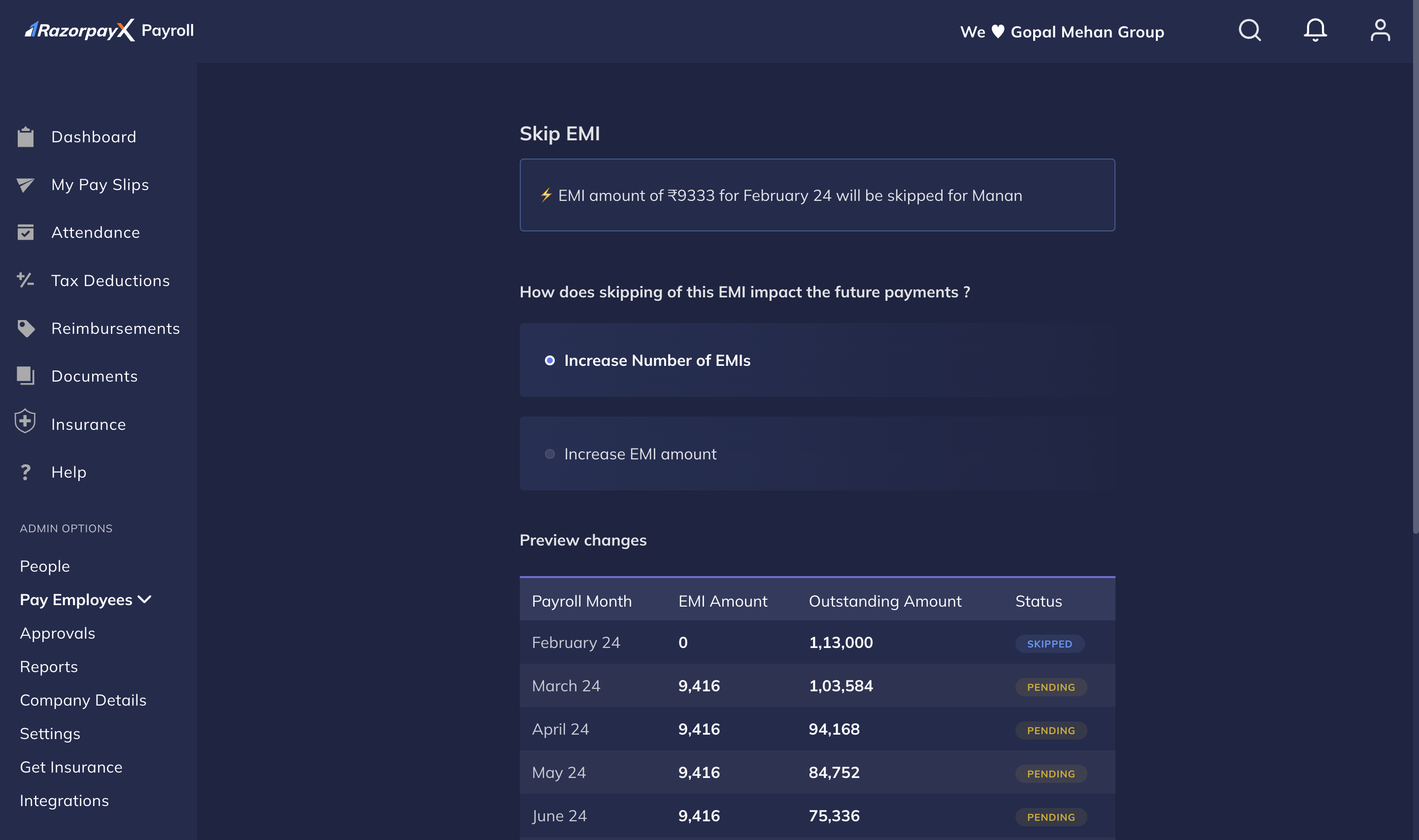 Adjust Employee Loan EMI on Payroll