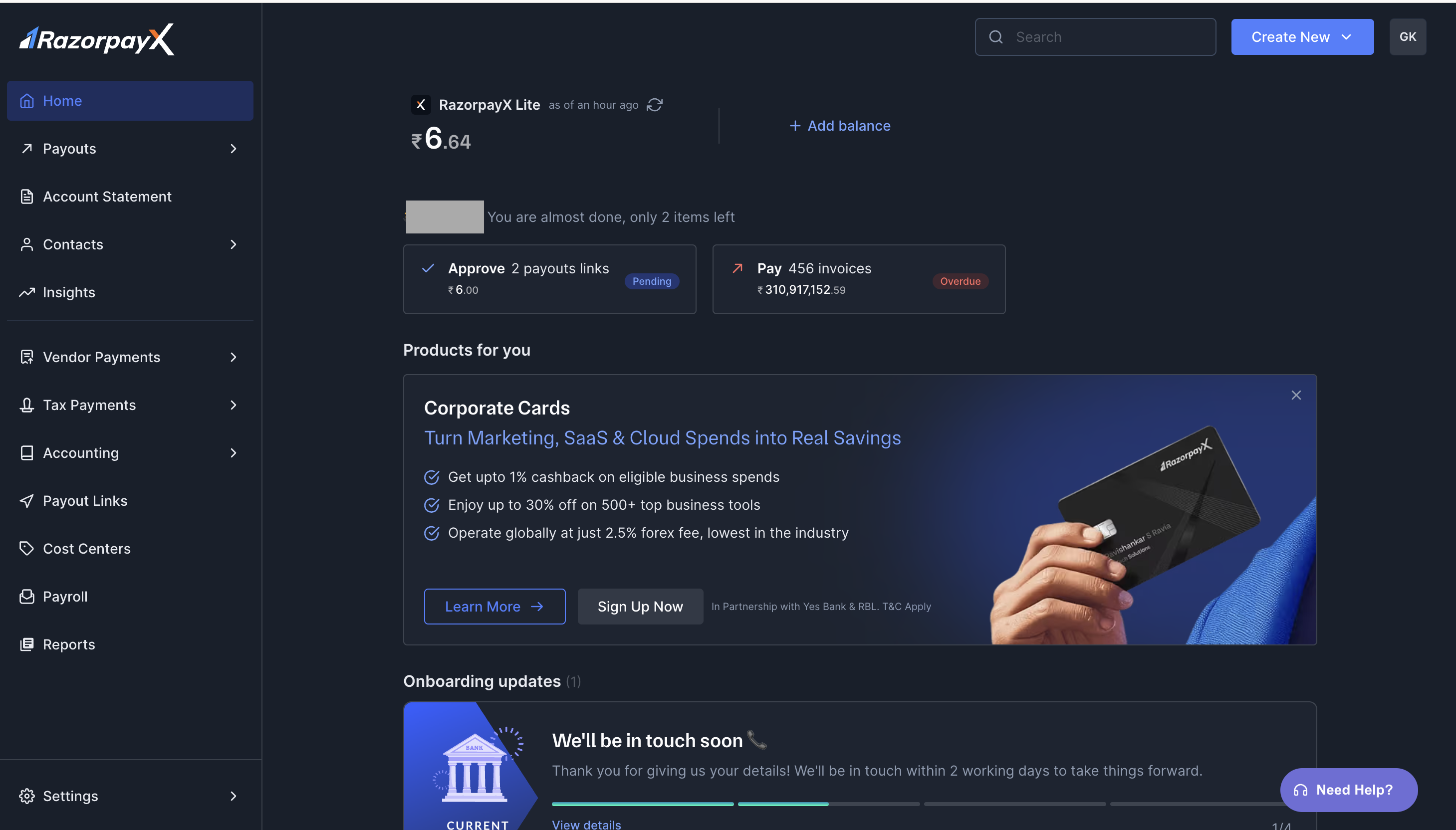 RazorpayX Dashboard Global Search and profile