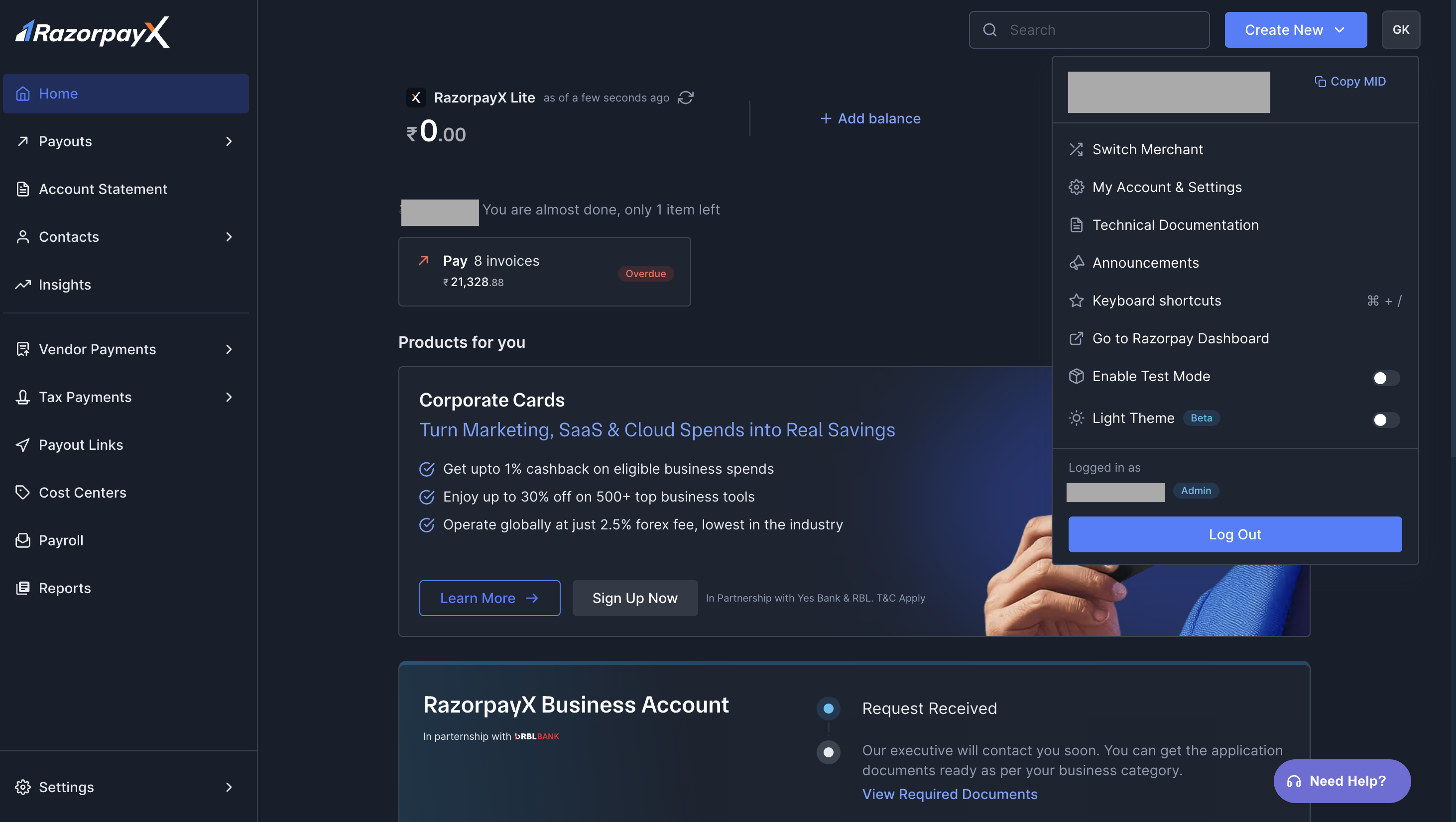 RazorpayX Dashboard Profile