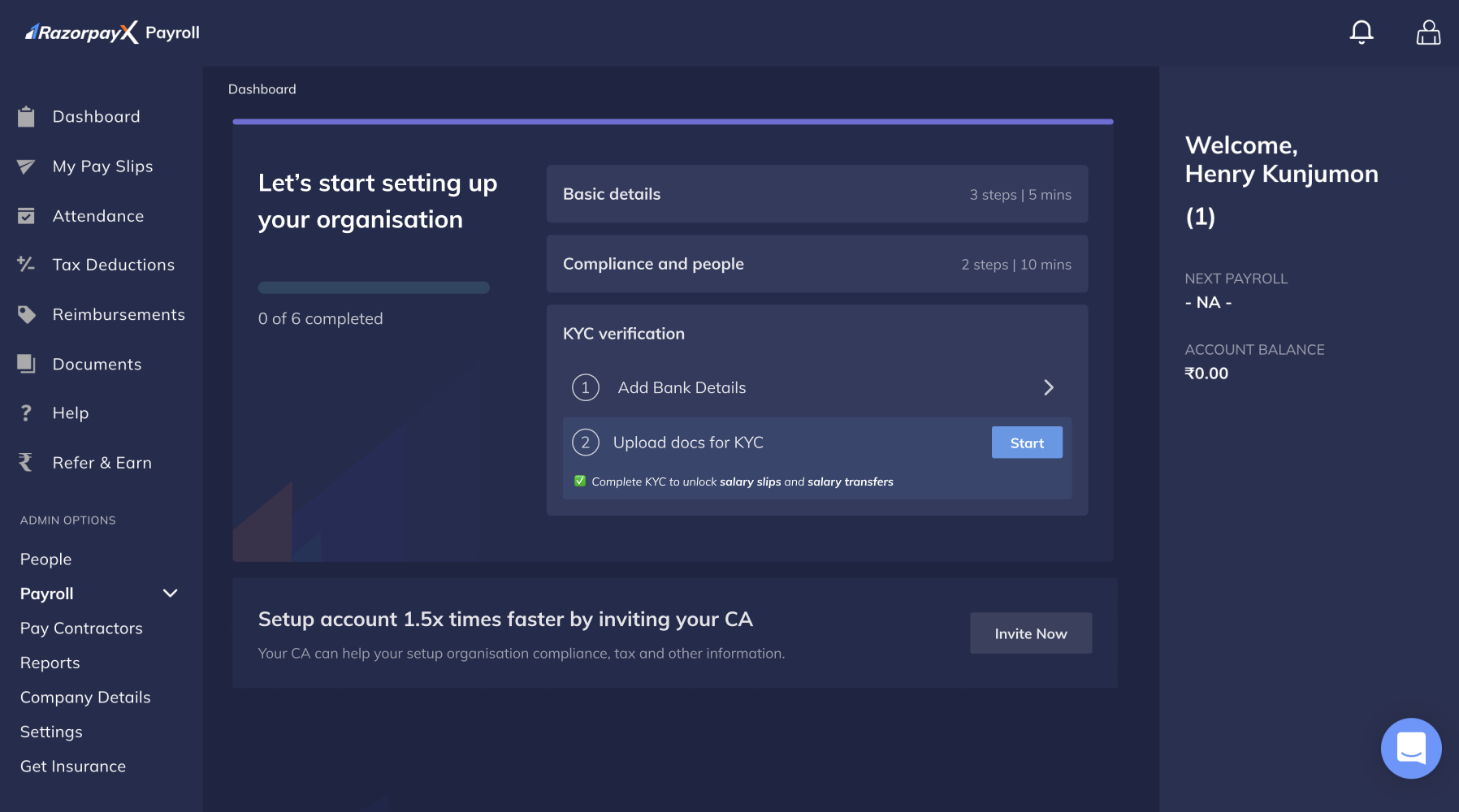 KYC onboarding page on Payroll Dashboard